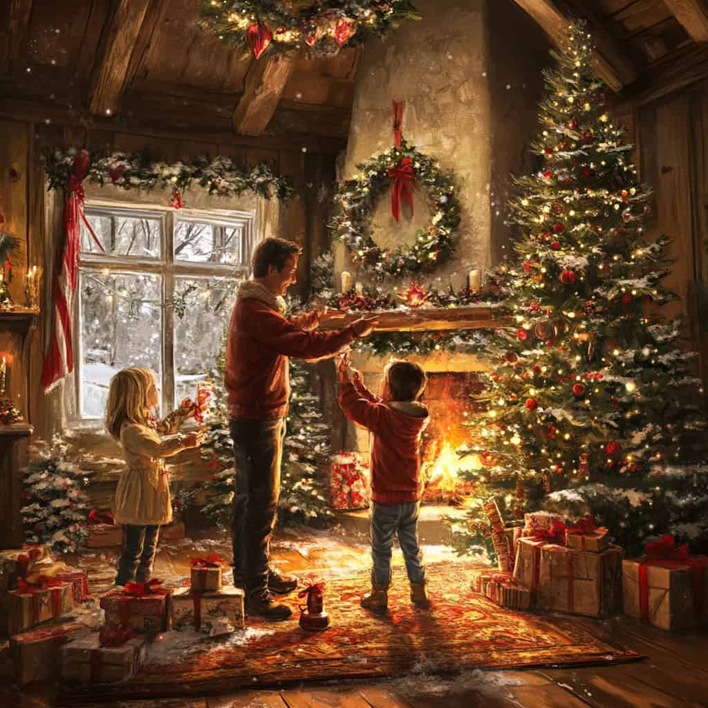 paraskiva  Yule holiday family decorating their home extra baedc  f ab af