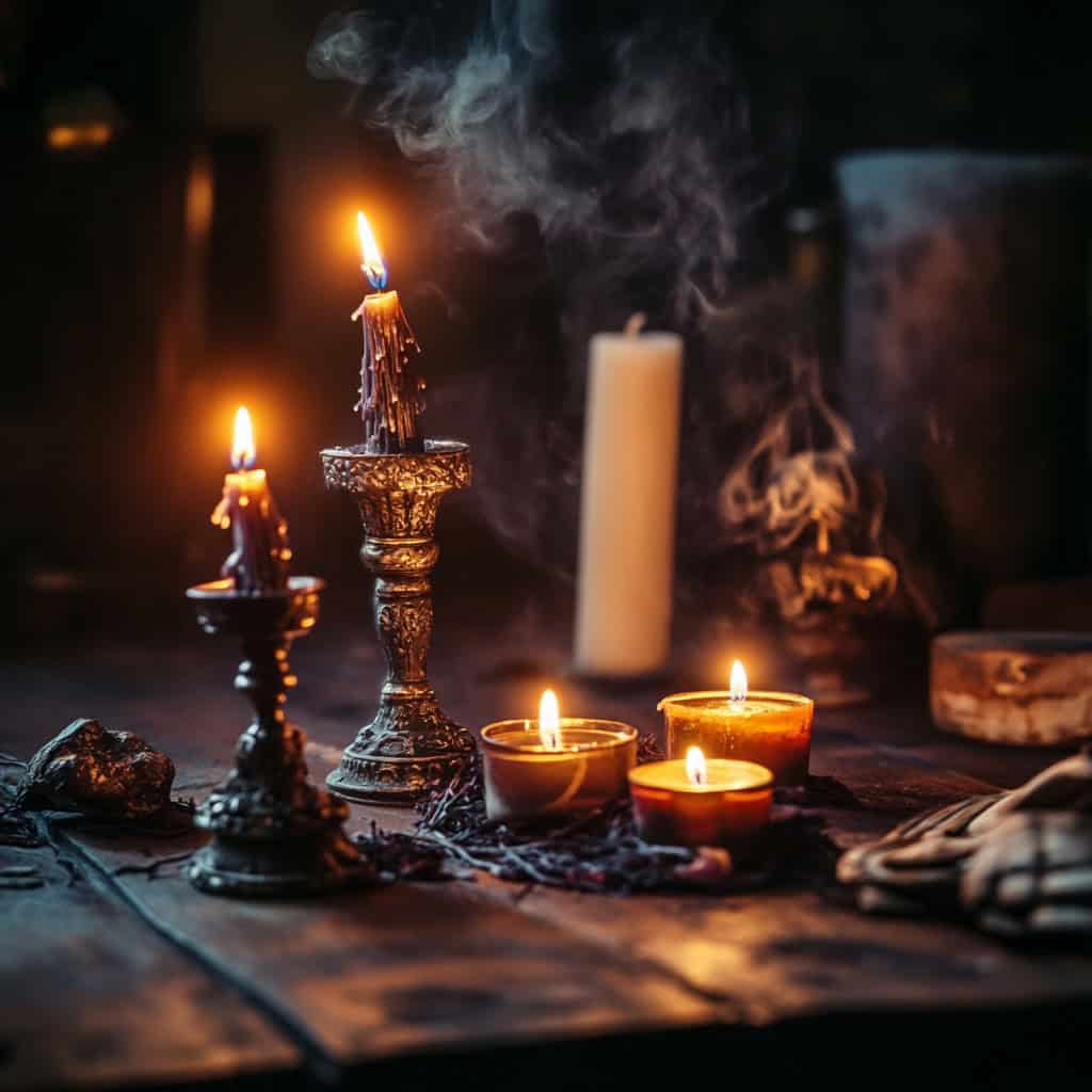 paraskiva  burning candles on a wooden table dark mysterio ac da dfc dd ccc