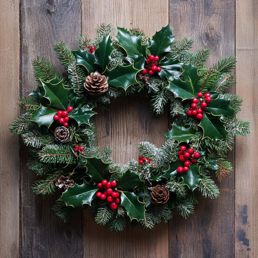 paraskiva  wreath of holly and pine needles on a wooden ba b  d e aac