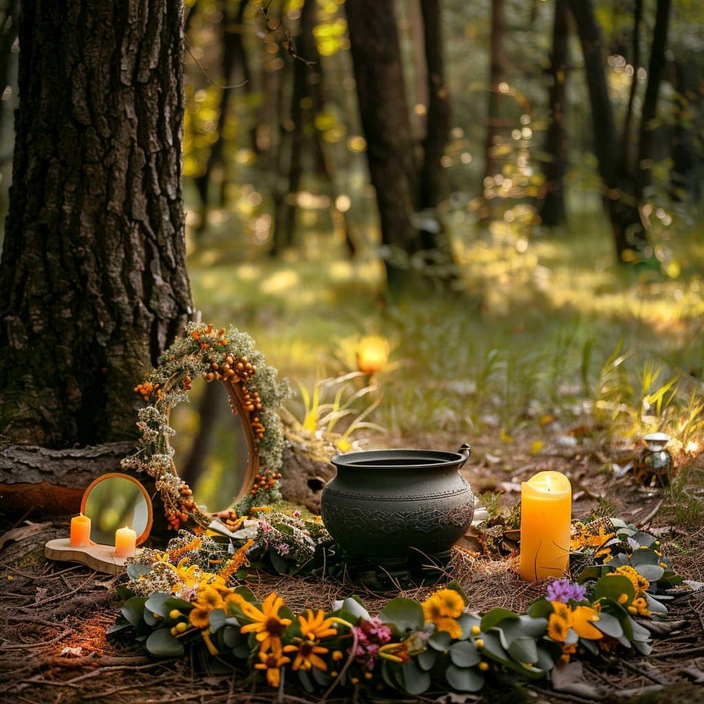 paraskiva  magic circle in a forest clearing. Cauldron yel ef cd f b faefec